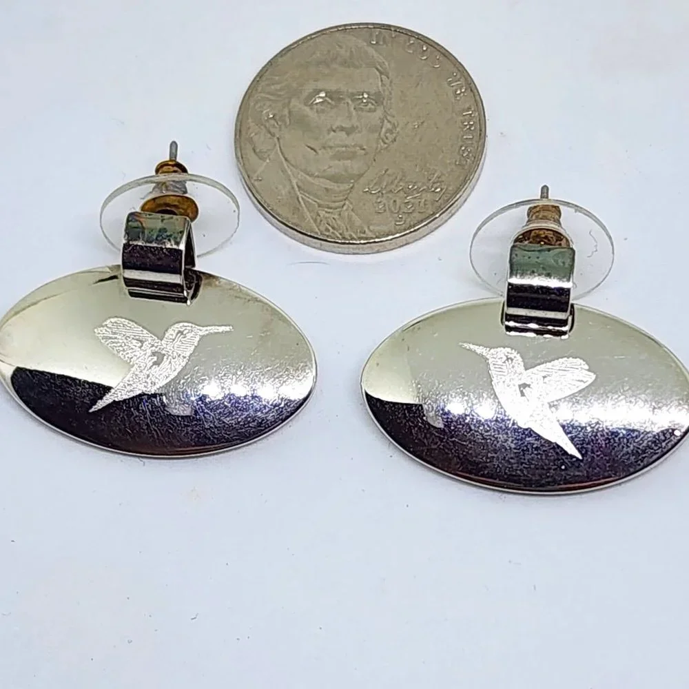 Vintage BEST Etched Hummingbird Silver Oval Pierced Earrings NOC NOS